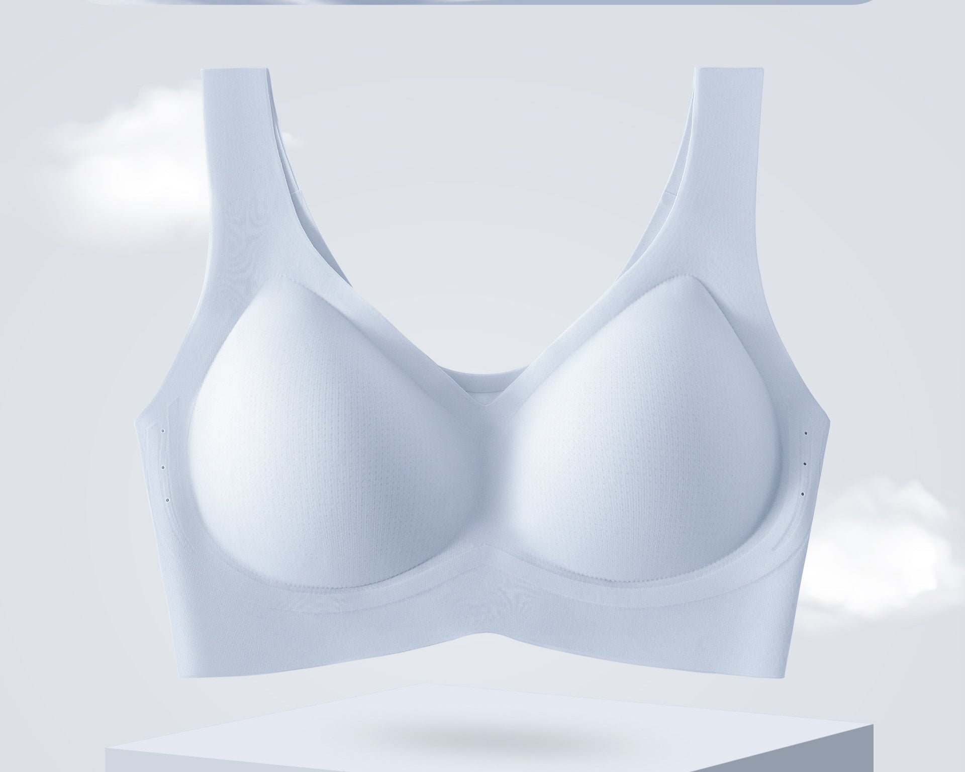 Baby blue cooling seamless bra displayed on a pedestal.