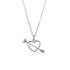 Silver heart pendant necklace pierced by arrow charm on delicate chain, white background