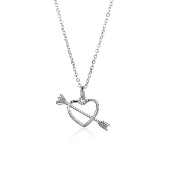 Silver heart pendant necklace pierced by arrow charm on delicate chain, white background