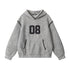 Heather grey textured hoodie featuring black '08' varsity numbers, black whipstitch trim details along hood and pockets, and classic pullover design. Nariele brand label visible