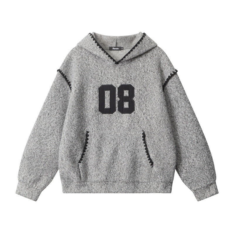 Heather grey textured hoodie featuring black '08' varsity numbers, black whipstitch trim details along hood and pockets, and classic pullover design. Nariele brand label visible