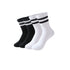 A set of four black and white striped athletic crew socks displayed against a plain white background, arranged to highlight their ribbed texture and sporty design