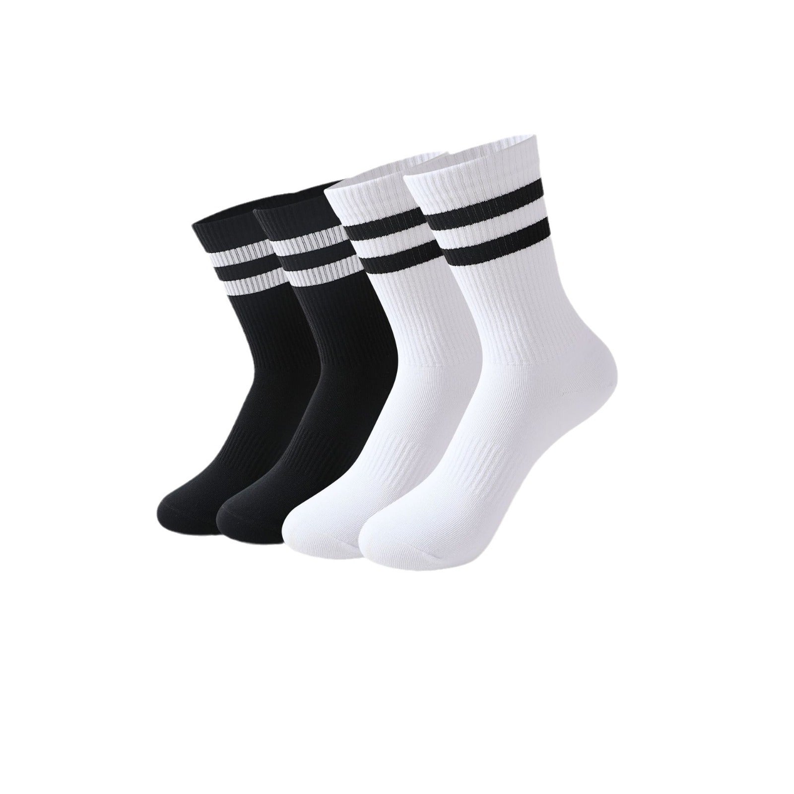 A set of four black and white striped athletic crew socks displayed against a plain white background, arranged to highlight their ribbed texture and sporty design