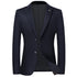 Navy blue slim-fit blazer with notched lapels and two-button closure, displayed against white background