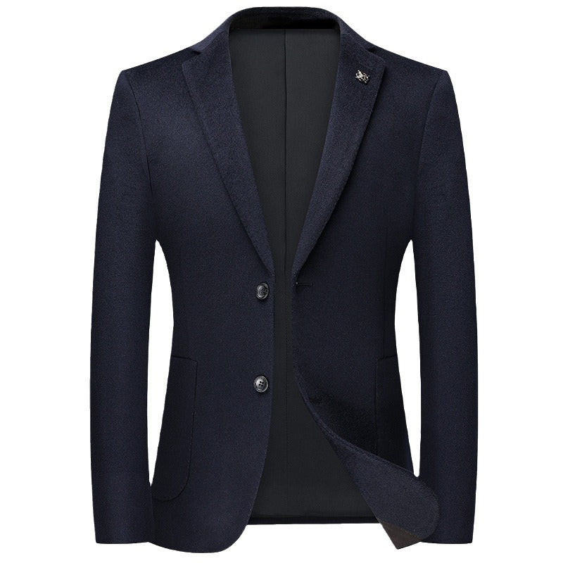 Navy blue slim-fit blazer with notched lapels and two-button closure, displayed against white background