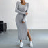 Light gray ribbed long-sleeve midi dress with side slit and white sneakers, emphasizing comfortable elegance
