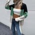 Color-block cardigan, back view with detail of fabric and design