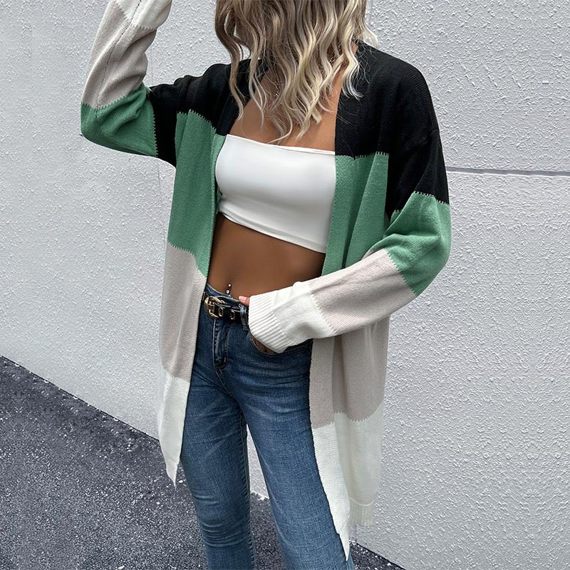 Color-block cardigan, back view with detail of fabric and design