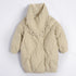 Beige quilted puffer coat with oversized collar and asymmetric button closure displayed flat against white background