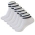 Six-pack of white athletic ankle socks with black striped cuffs, arranged in a row showing ribbed knit texture