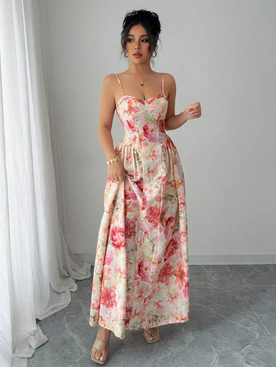 Woman wearing a floral dress in a minimalistic setting