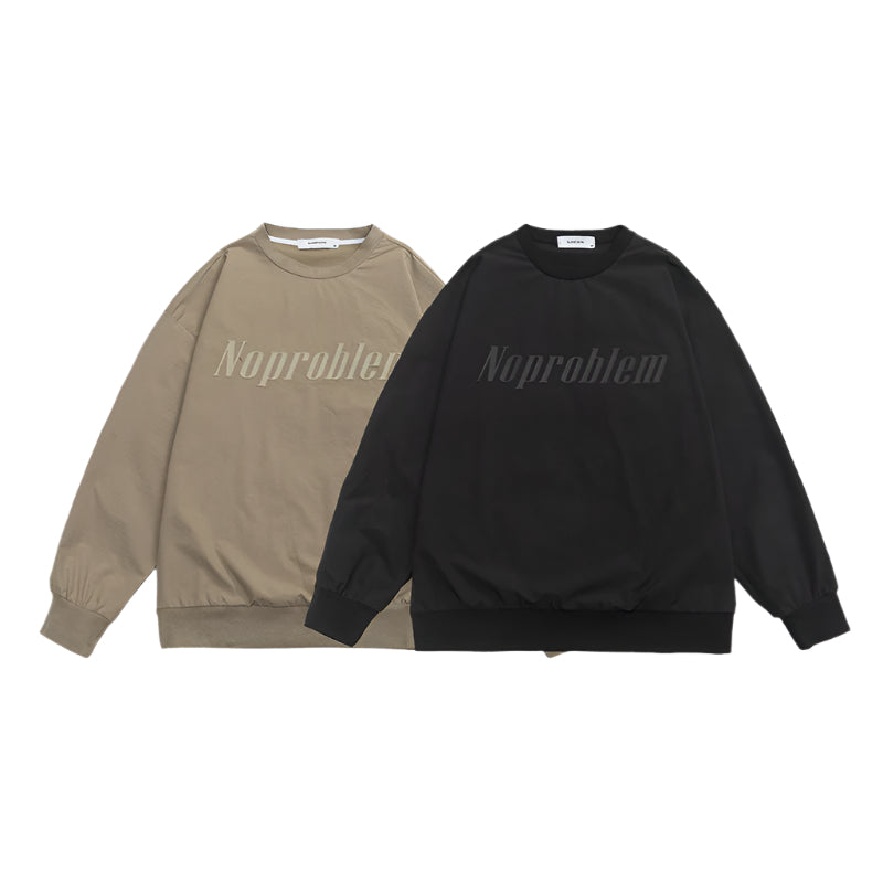 Beige and black sweatshirts laid flat, both featuring ribbed cuffs and embossed "Noproblem" text for a subtle design