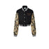 Black varsity jacket with tan camouflage sleeves, white snap buttons, and embroidered logo