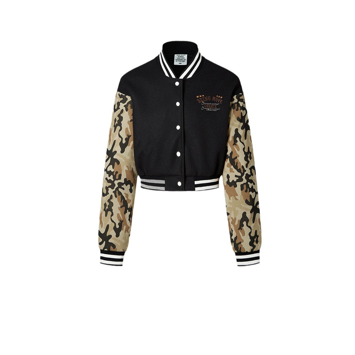 Black varsity jacket with tan camouflage sleeves, white snap buttons, and embroidered logo