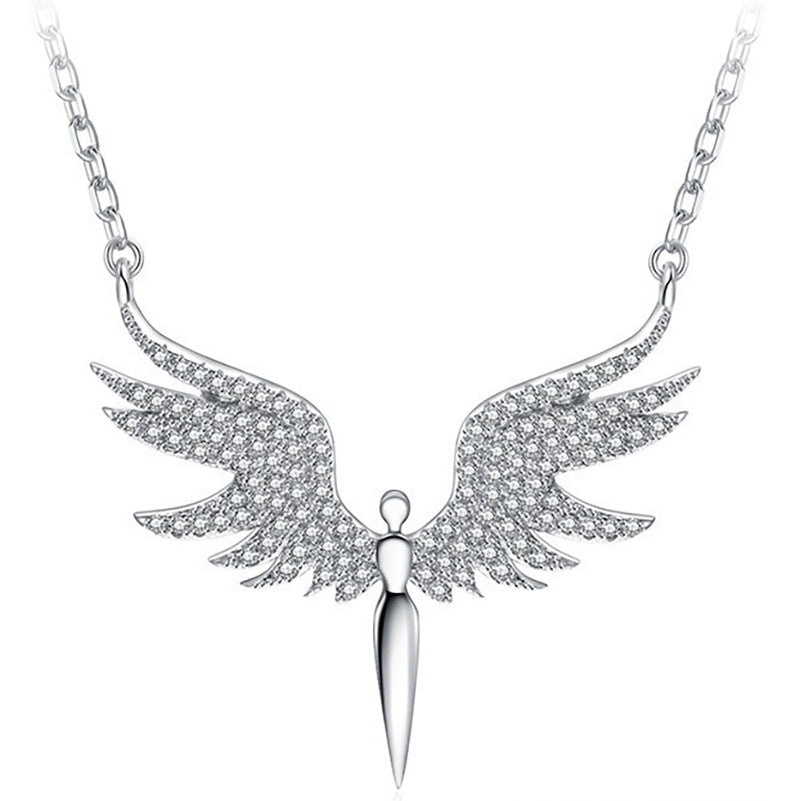 Silver necklace with crystal-encrusted angel wing cross pendant