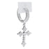 Close-up side view of single zircon cross drop earring with white product tag