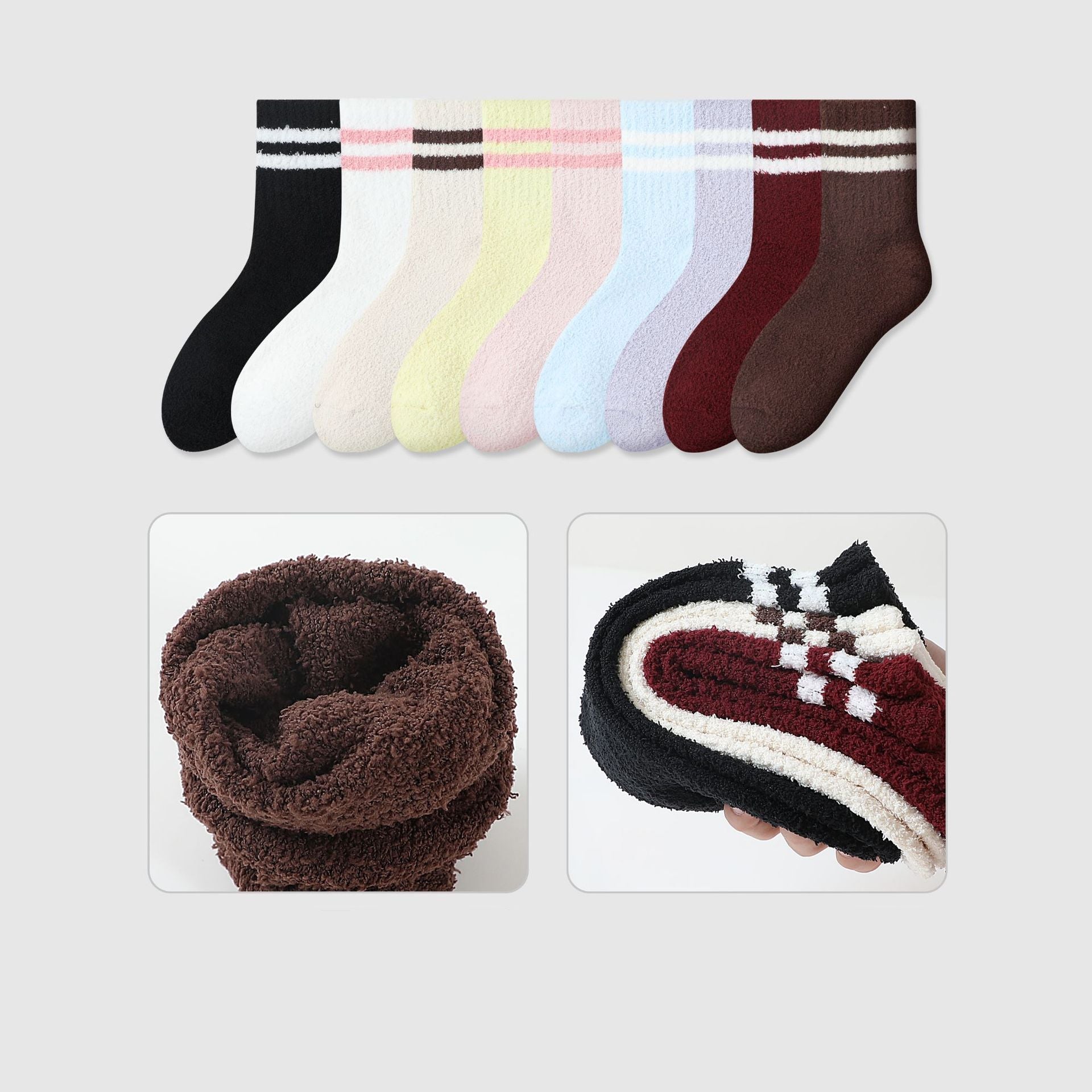 Black athletic-style sock with three white stripes, made from soft fuzzy material