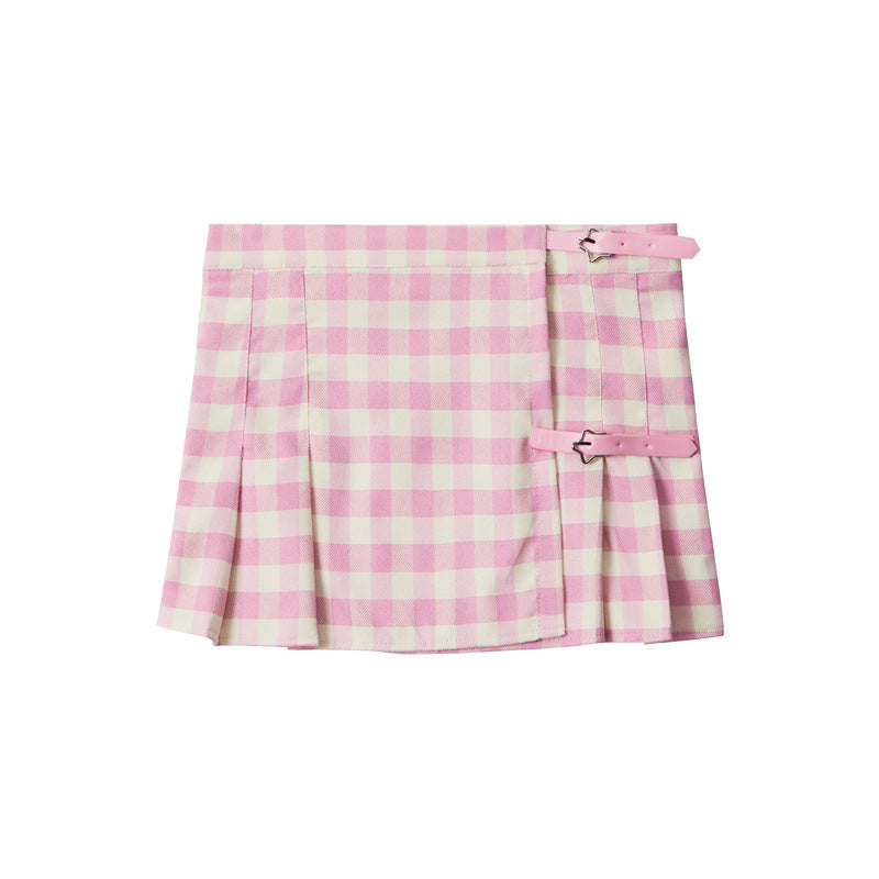 Y2K Plaid Mini Skirt | Gingham A-Line Skirt with Star Buckles