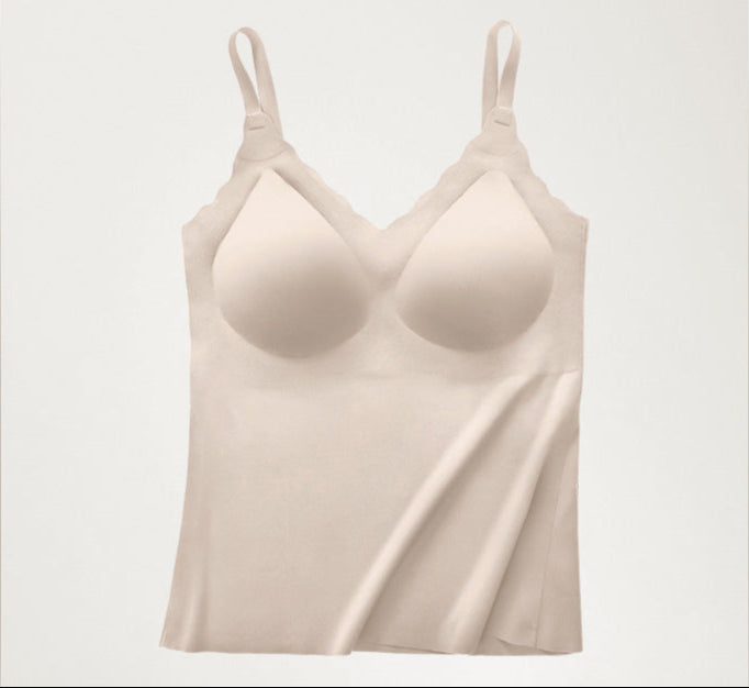 Seamless camisole in beige color with built-in bra and adjustable straps for comfort.