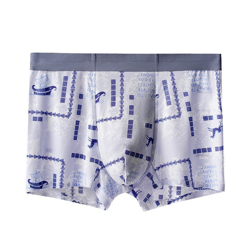Men's boxer briefs with gray waistband and white fabric featuring blue vintage game-style pattern with jumping figures and icons