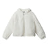 White teddy zip-up jacket with fitted silhouette and plush texture on white background