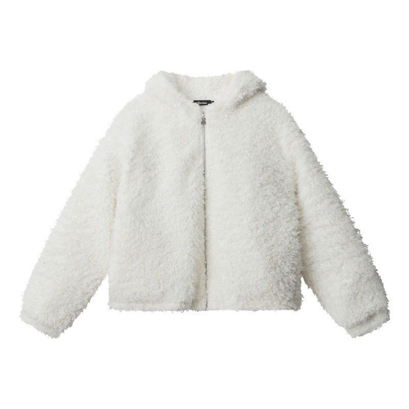 White teddy zip-up jacket with fitted silhouette and plush texture on white background