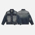 Front and back view of distressed denim jacket showing gradient wash effect