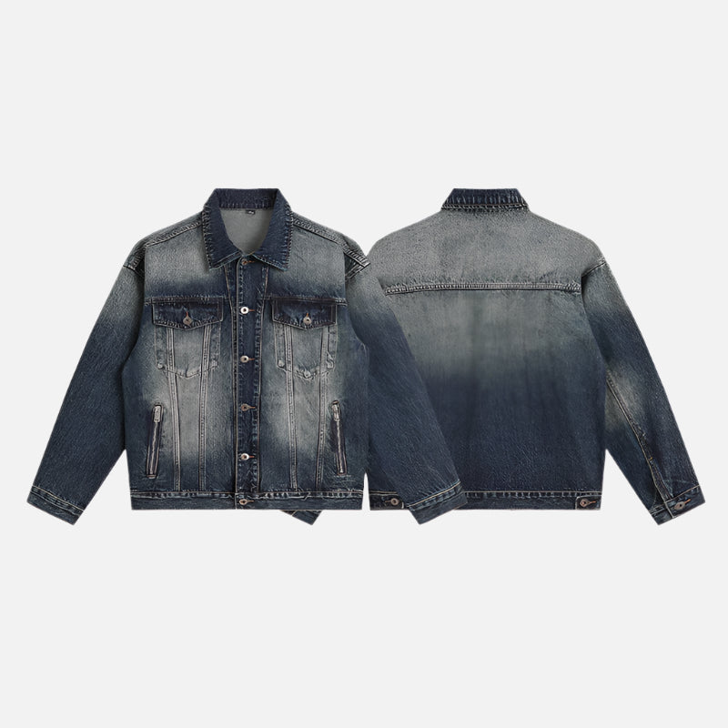 Front and back view of distressed denim jacket showing gradient wash effect