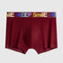 Burgundy men's boxer briefs with colorful 'KEEP SmilE' waistband text against white background