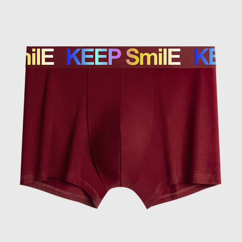 Burgundy men's boxer briefs with colorful 'KEEP SmilE' waistband text against white background