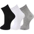Set of three ankle socks in black, white, and gray displayed against a white background