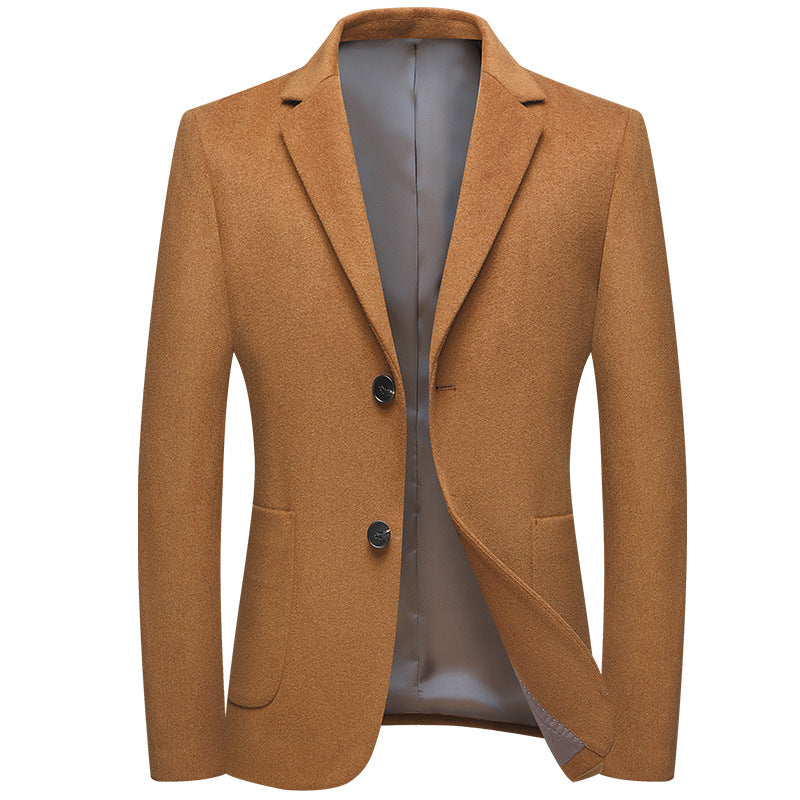 A camel/tan colored wool blazer shown from the front, featuring two black buttons, notched lapels, and patch pockets
