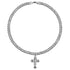 Silver Cuban link necklace with a cross pendant displayed against a white background