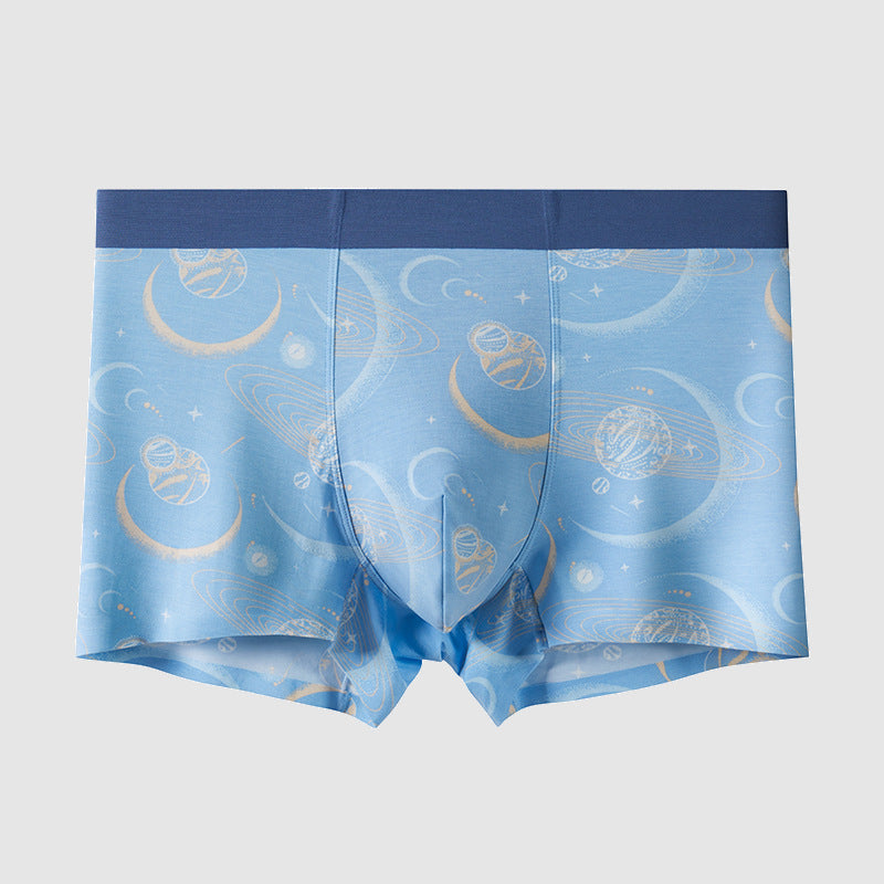 Polo blue men's boxer briefs with celestial moon and stars pattern, navy waistband design