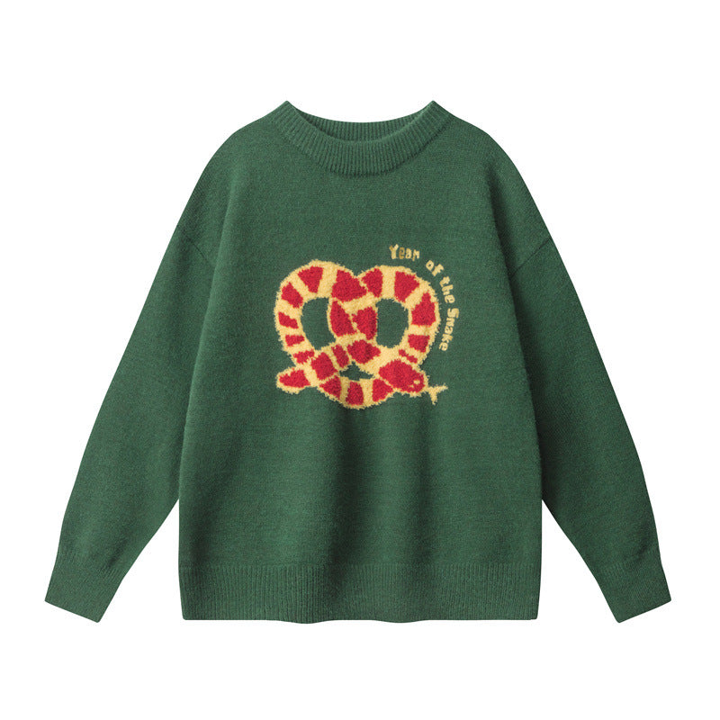 Product shot of green knit sweater with pretzel motif and ribbed trim