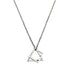Close-up of a silver geometric pendant necklace with a chain, featuring a modern square and triangle charm design