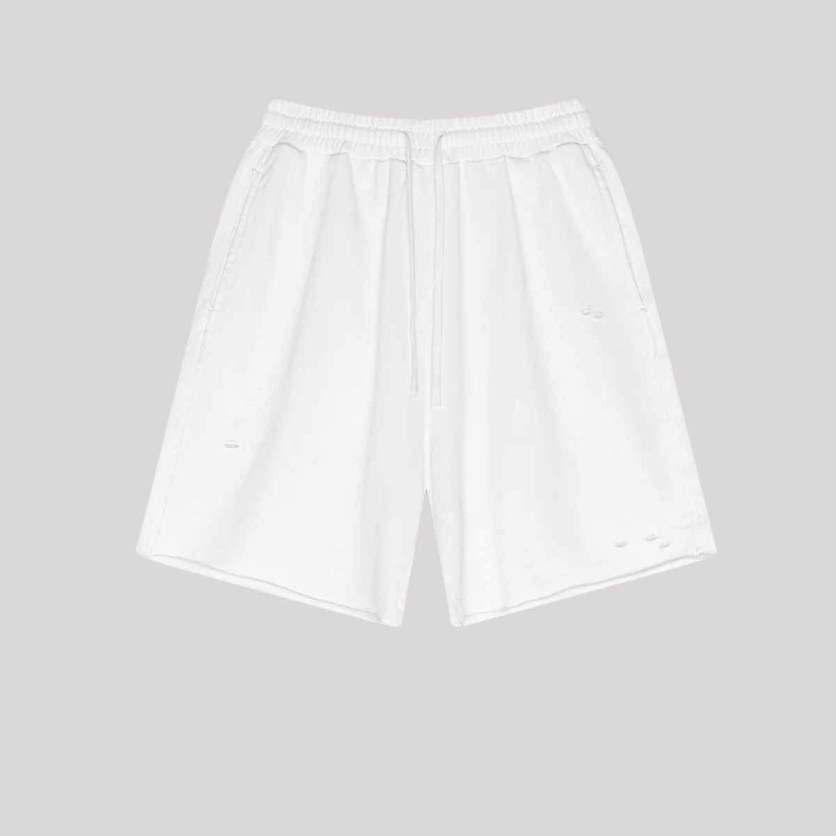 White distressed sweatshorts with elastic waistband and drawstring