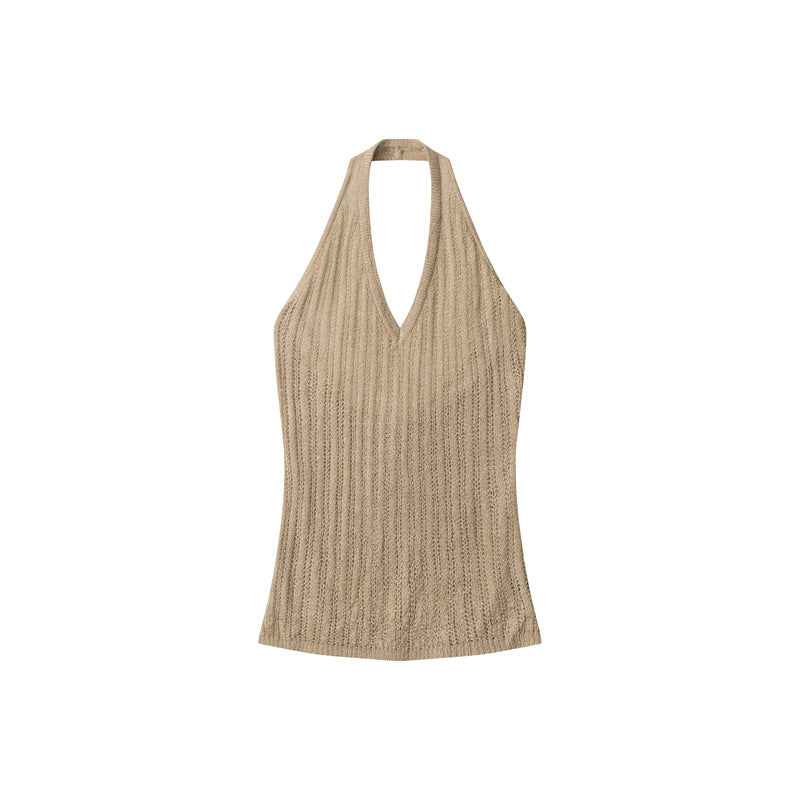 Khaki halter knit tank top flatlay showing full front and halter neckline