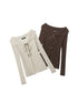 Two ribbed knit sweaters with lace-up front detailing - one in cream and one in brown. Both feature distressed hem and cuffs, and decorative beaded ties