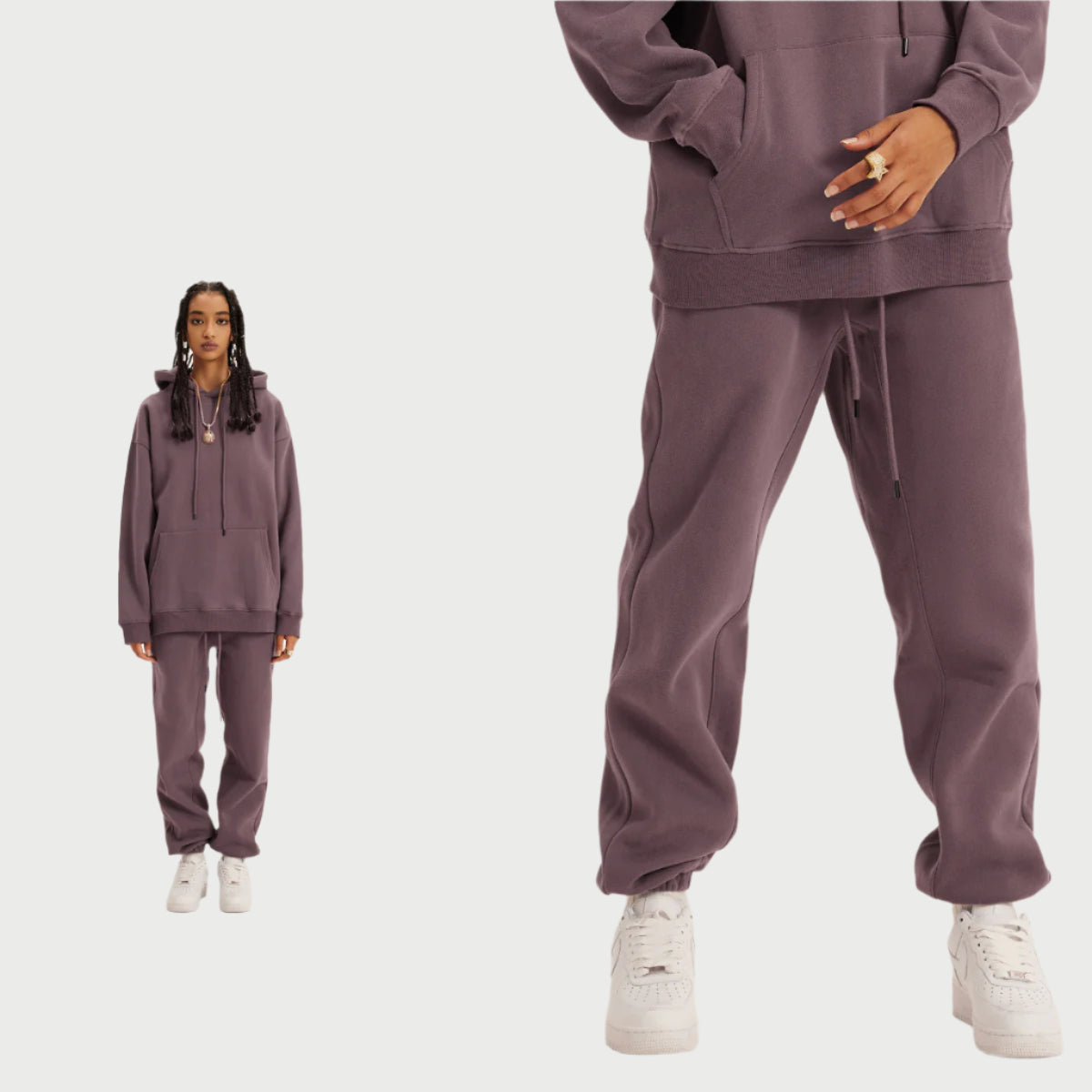 Model in purple hoodie sweatsuit with matching joggers, white sneakers, and gold necklace against white background