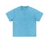 Product shot of blue acid-washed oversized t-shirt with crew neck and short sleeves on plain background