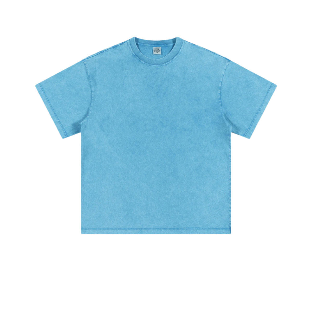 Product shot of blue acid-washed oversized t-shirt with crew neck and short sleeves on plain background