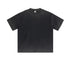 Flat lay of plain charcoal oversized t-shirt showing mock neck and dropped shoulder construction