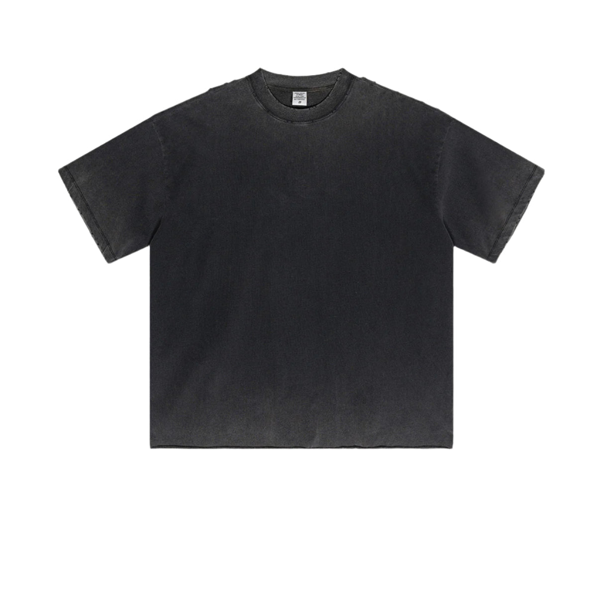 Flat lay of plain charcoal oversized t-shirt showing mock neck and dropped shoulder construction