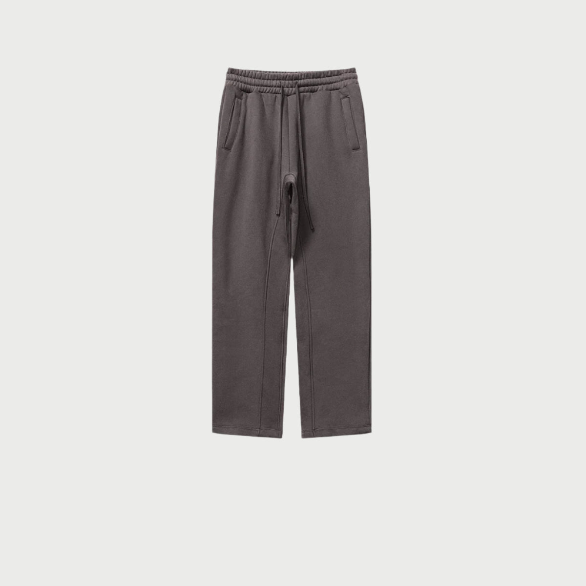 Olive brown sweatpants with elastic waistband, drawstring and side pockets displayed on light gray background
