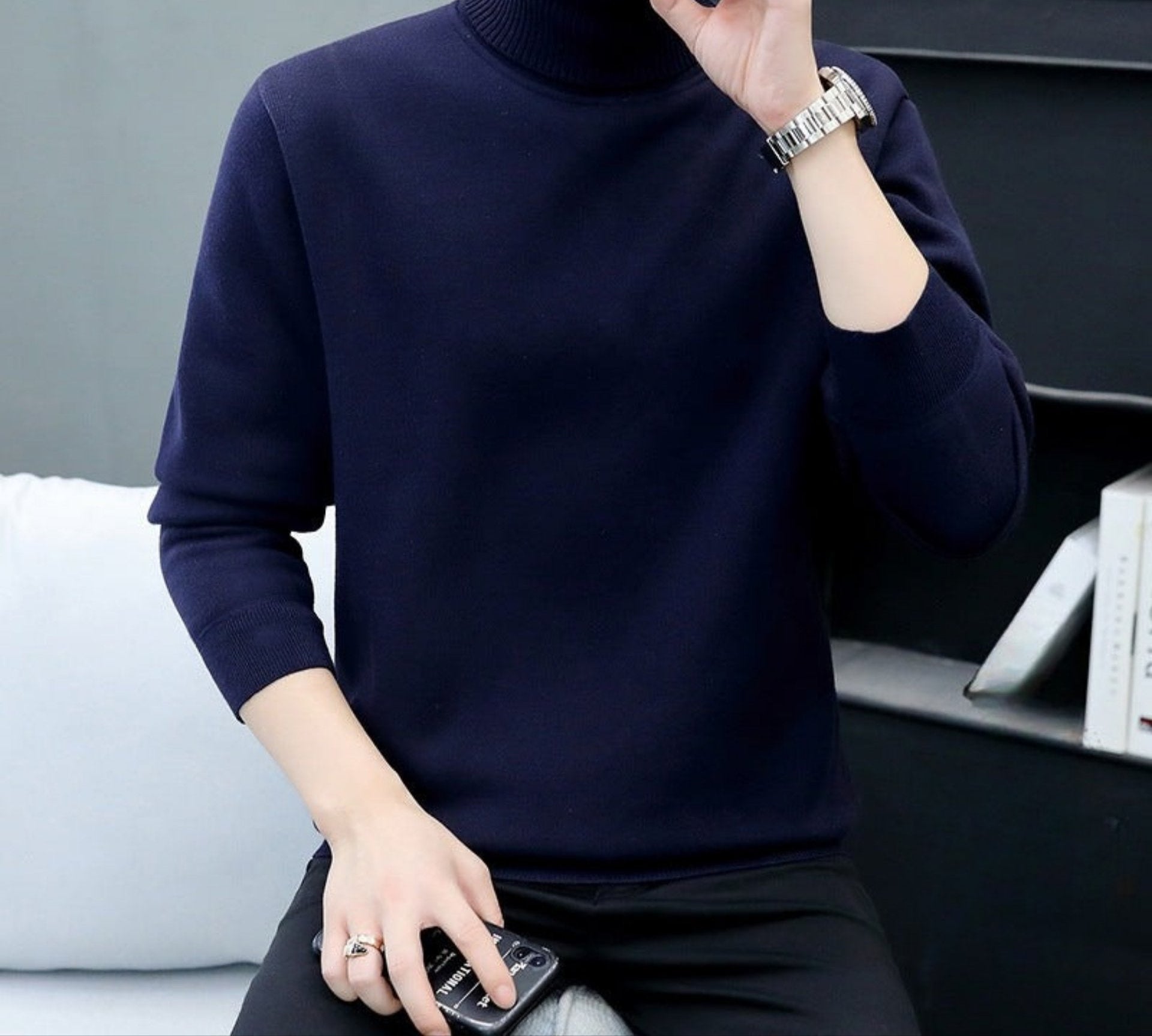 Navy turtleneck sweater with fleece lining