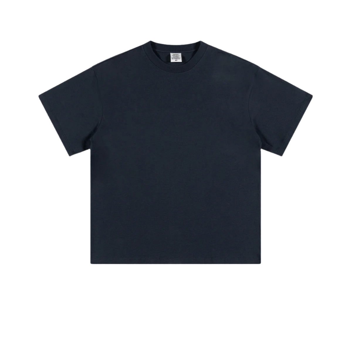 Navy blue crew neck t-shirt with short sleeves and standard fit, displayed flat against white background