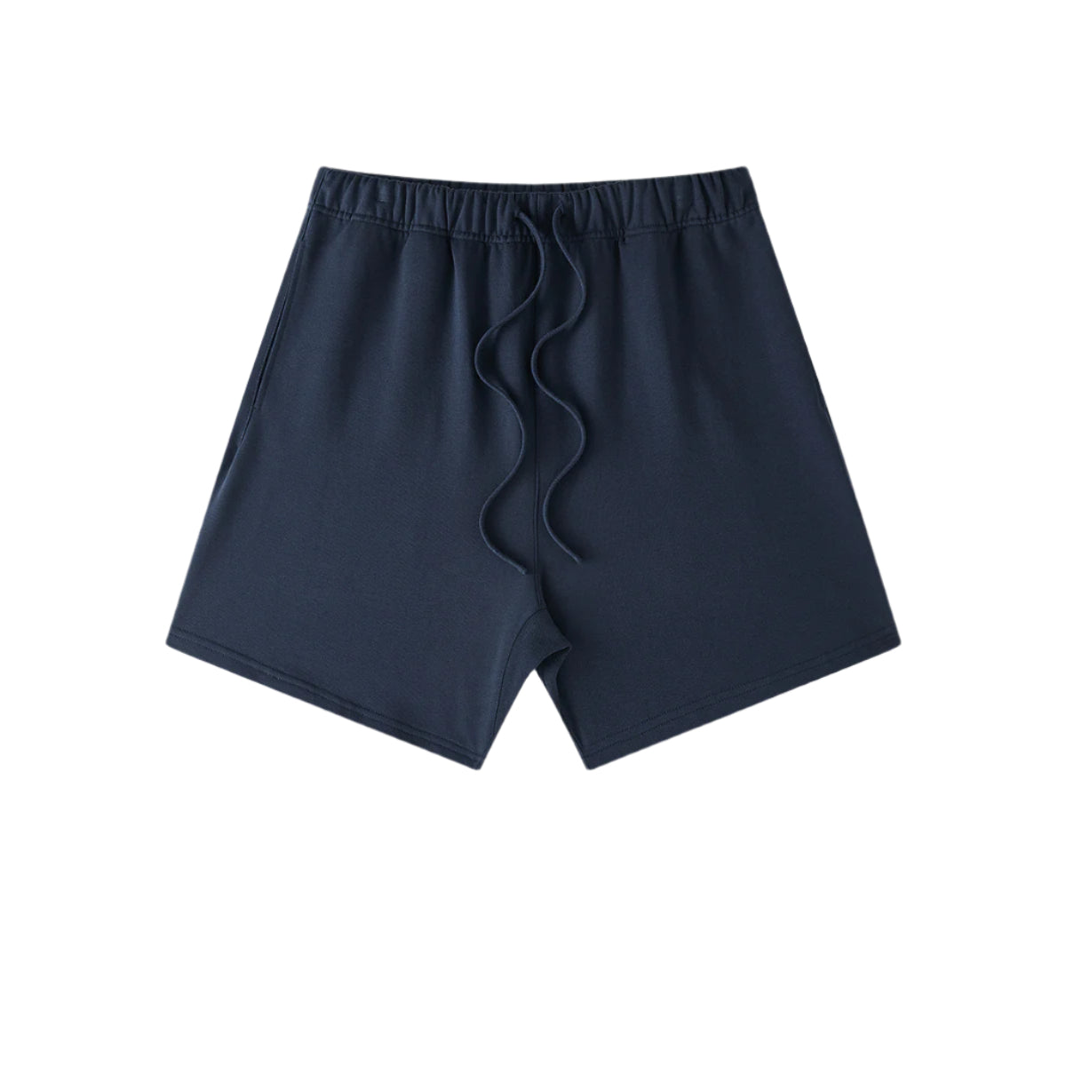 Navy blue cotton shorts with elastic waistband and drawstring, shown flat against white background