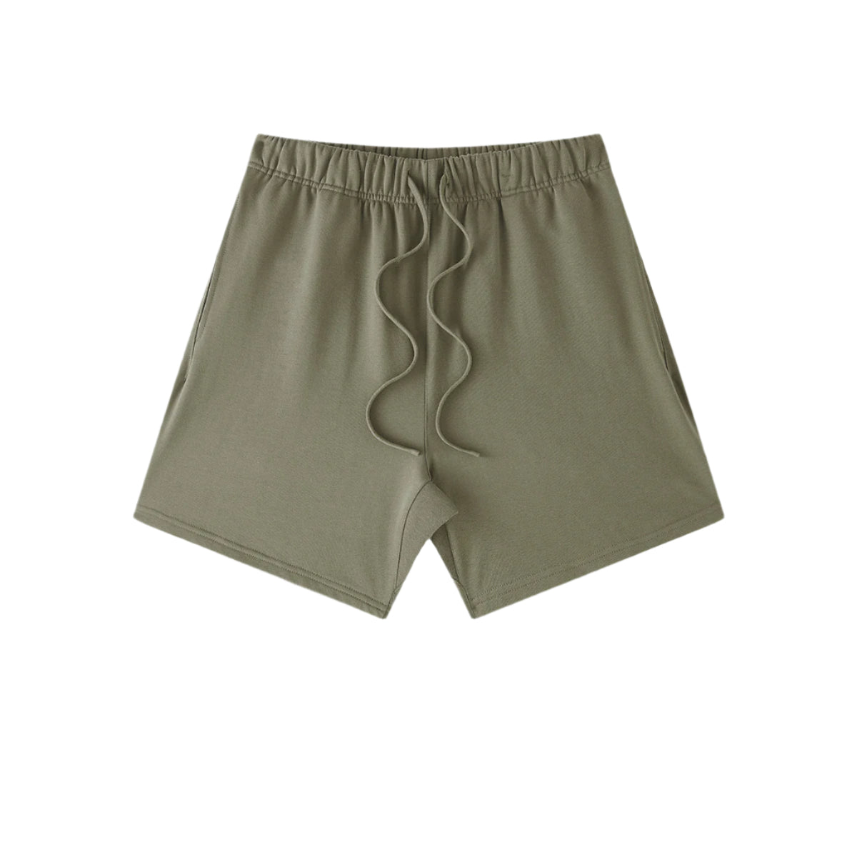 Olive green cotton shorts with elastic waistband and drawstring, featuring relaxed fit and clean minimal design against white background