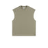 Olive green oversized sleeveless muscle tee with crew neckline and manufacturer's tag visible, displayed flat against white background